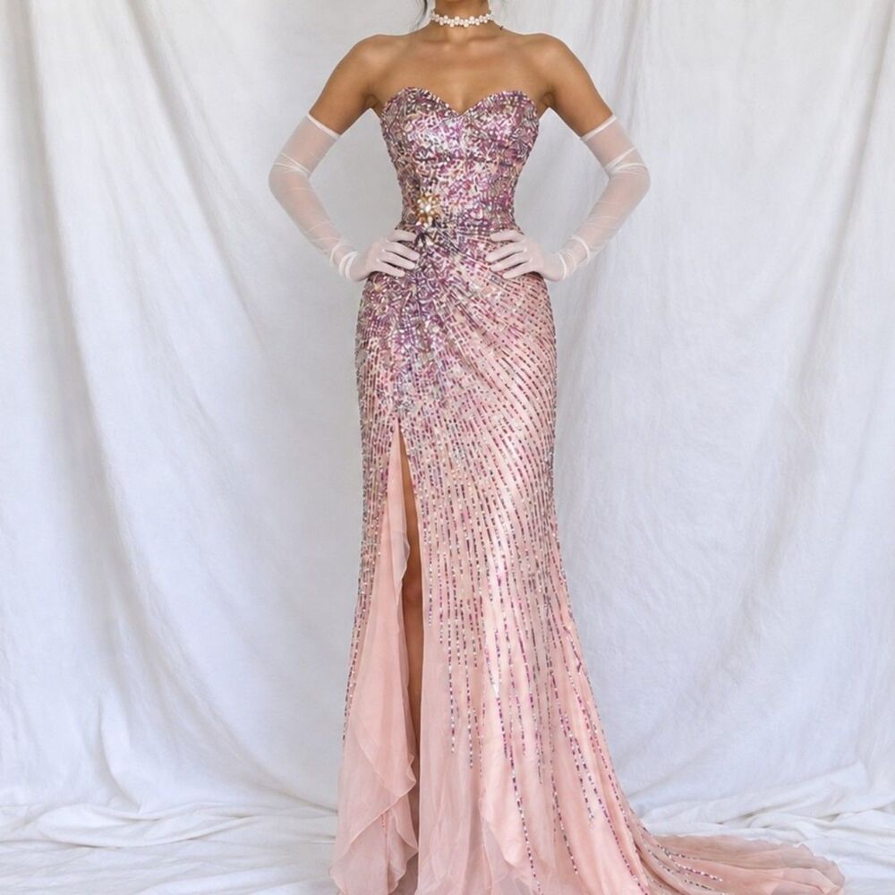 Vintage Y2K Pink Purple Side Slit Strapless Fit Flared Sequin Maxi Prom Dress XS